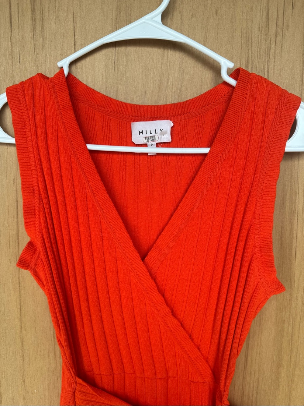 MILLY Persimmon Bold Orange V-Neck Rib Knit Wrap Dress - Picture 4 of 9